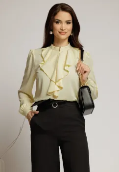 Bluza DY Fashion galbena cu volanas maxi la decolteu din voal plin imagine