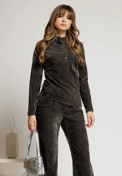 Bluza DY Fashion gri din catifea velurata cu nasturi la bust imagine