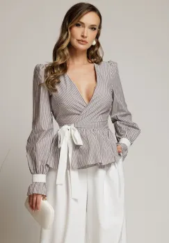 Bluza DY Fashion gri in dungi din poplin cu decolteu petrecut si maneci evazate imagine