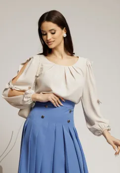 Bluza Dy Fashion ivoar din voal plin cu maneci crapate si fundite imagine