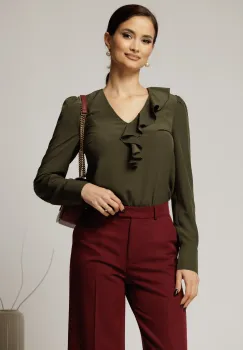 Bluza DY Fashion kaki din voal plin cu decolteu in V si volanas imagine