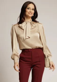 Bluza DY Fashion lejera bej din triplu voal cu guler tip esarfa imagine