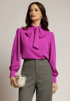 Bluza DY Fashion lejera magenta din triplu voal cu guler tip esarfa imagine