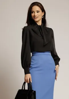 Bluza DY Fashion lejera neagra din triplu voal cu guler tip esarfa imagine