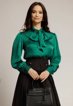 Bluza DY Fashion lejera verde din triplu voal cu guler tip esarfa imagine