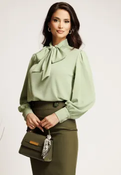 Bluza DY Fashion lejera verde mint din triplu voal cu guler tip esarfa imagine