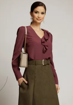 Bluza DY Fashion magenta din voal plin cu decolteu in V si volanas imagine