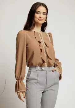 Bluza DY Fashion maro camel cu volanase si perle elegante din voal plin imagine