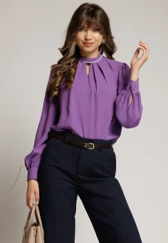 Bluza DY Fashion mov cu decupaj si perle la decolteu imagine