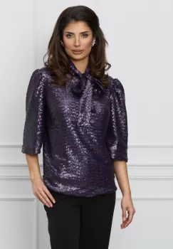 Bluza Dy Fashion mov din paiete cu funda la guler imagine