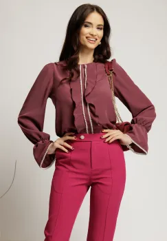 Bluza DY Fashion mov pruna cu volanase si perle elegante din voal plin imagine