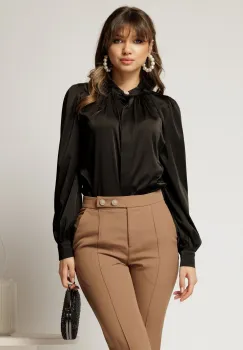 Bluza DY Fashion neagra din satin cu guler tunica si nasture elegant imagine