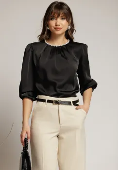 Bluza DY Fashion neagra din satin cu perle la decolteu imagine