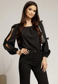 Bluza Dy Fashion neagra din voal plin cu maneci crapate si fundite imagine