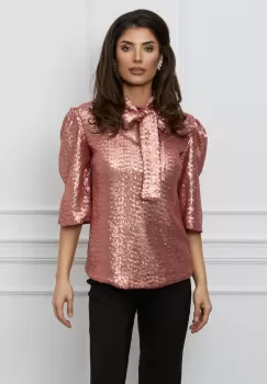 Bluza Dy Fashion rose din paiete cu funda la guler imagine