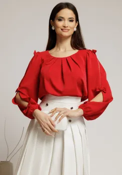 Bluza Dy Fashion rosie din voal plin cu maneci crapate si fundite imagine