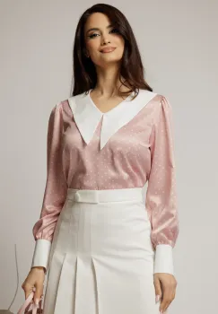 Bluza DY Fashion roz cu buline cu gulerul ascutit din satin imagine