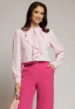 Bluza DY Fashion roz cu volanas maxi la decolteu din voal plin imagine