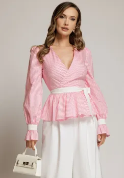 Bluza DY Fashion roz in dungi din poplin cu decolteu petrecut si maneci evazate imagine