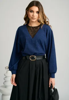 Bluza DY Fashion smart-casual din jerse bleumarin cu insertie din dantela imagine