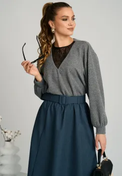 Bluza DY Fashion smart-casual din jerse gri cu insertie din dantela imagine