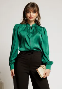 Bluza DY Fashion verde din satin cu guler tunica si nasture elegant imagine