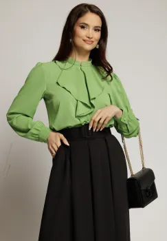 Bluza DY Fashion verde fistic cu volanas maxi la decolteu din voal plin imagine