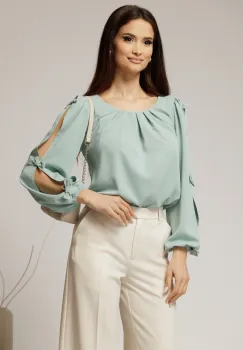 Bluza Dy Fashion verde fistic din voal plin cu maneci crapate si fundite imagine