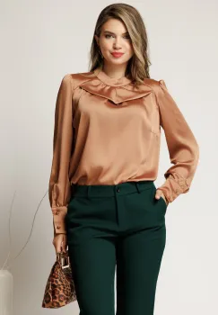 Bluza eleganta bej lejera din voal cu maneca lunga imagine