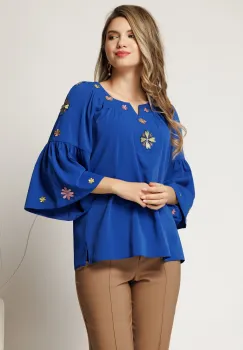 Bluza eleganta din viscoza albastra cu broderie traditionala imagine