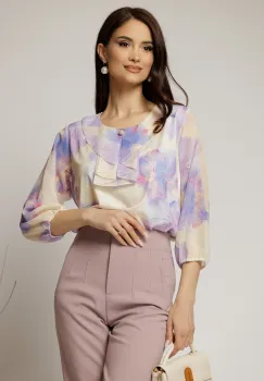 Bluza eleganta din viscoza cu imprimeu lila si roz si croi lejer imagine