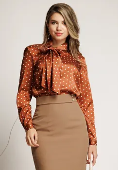 Bluza eleganta maro cu buline cu guler tip esarfa din satin imagine