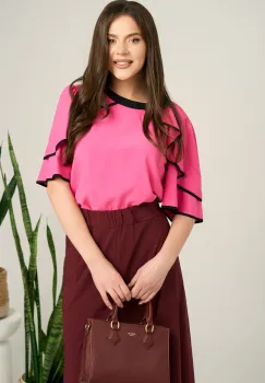 Bluza fucsia din viscoza cu volane la maneci imagine