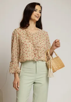 Bluza galben pai cu imprimeuri florale fucsia si volanas la decolteu imagine