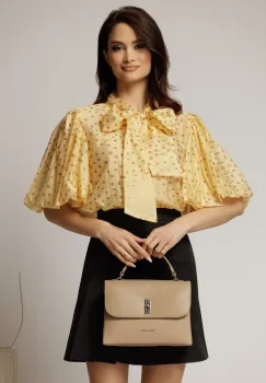 Bluza galbena cu buline din tencel cu maneci bufante si guler funda imagine