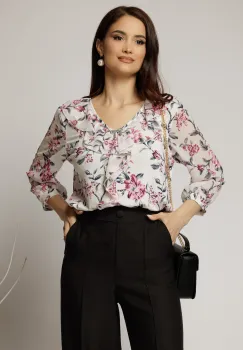 Bluza ivoar cu imprimeuri magenta si volan pe bust imagine