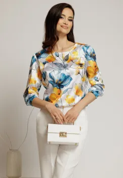 Bluza ivoar din satin cu imprimeuri galben bleu imagine