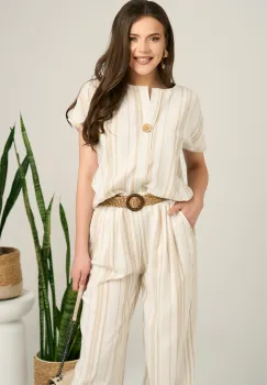 Bluza ivory cu dungi bej lejera cu adaos de bumbac si in imagine