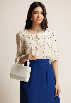 Bluza ivory din viscoza lejera cu imprimeu colorat si volnas la decolteu imagine