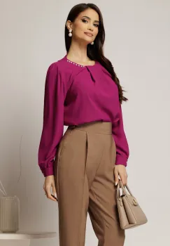 Bluza magenta din voal plin cu perle la decolteu si pliuri imagine