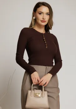 Bluza maro din bumbac croi mulat cu maneca lunga imagine