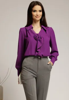 Bluza mov eleganta din voal cu decolteu V perlute si detaliu floral imagine