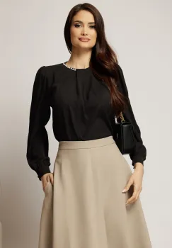 Bluza neagra din voal plin cu perle la decolteu si pliuri imagine