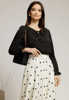 Bluza neagra eleganta cu volanase si snur la decolteu imagine