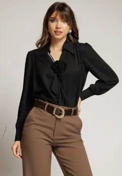 Bluza neagra eleganta din voal cu decolteu V perlute si detaliu floral imagine