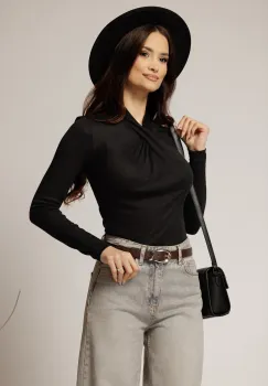 Bluza neagra mulata din tencel cu desing impletit la bust imagine