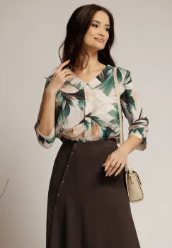 Bluza office din viscoza verde cu imprimeu verde si bej imagine