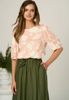 Bluza roz cu flori din viscoza cu croi drept imagine