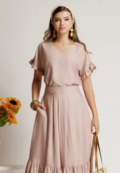 Bluza roz din rayon cu croi drept si volanase la maneci imagine