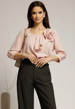 Bluza roz din triplu voal cu floare si volanas la bust imagine